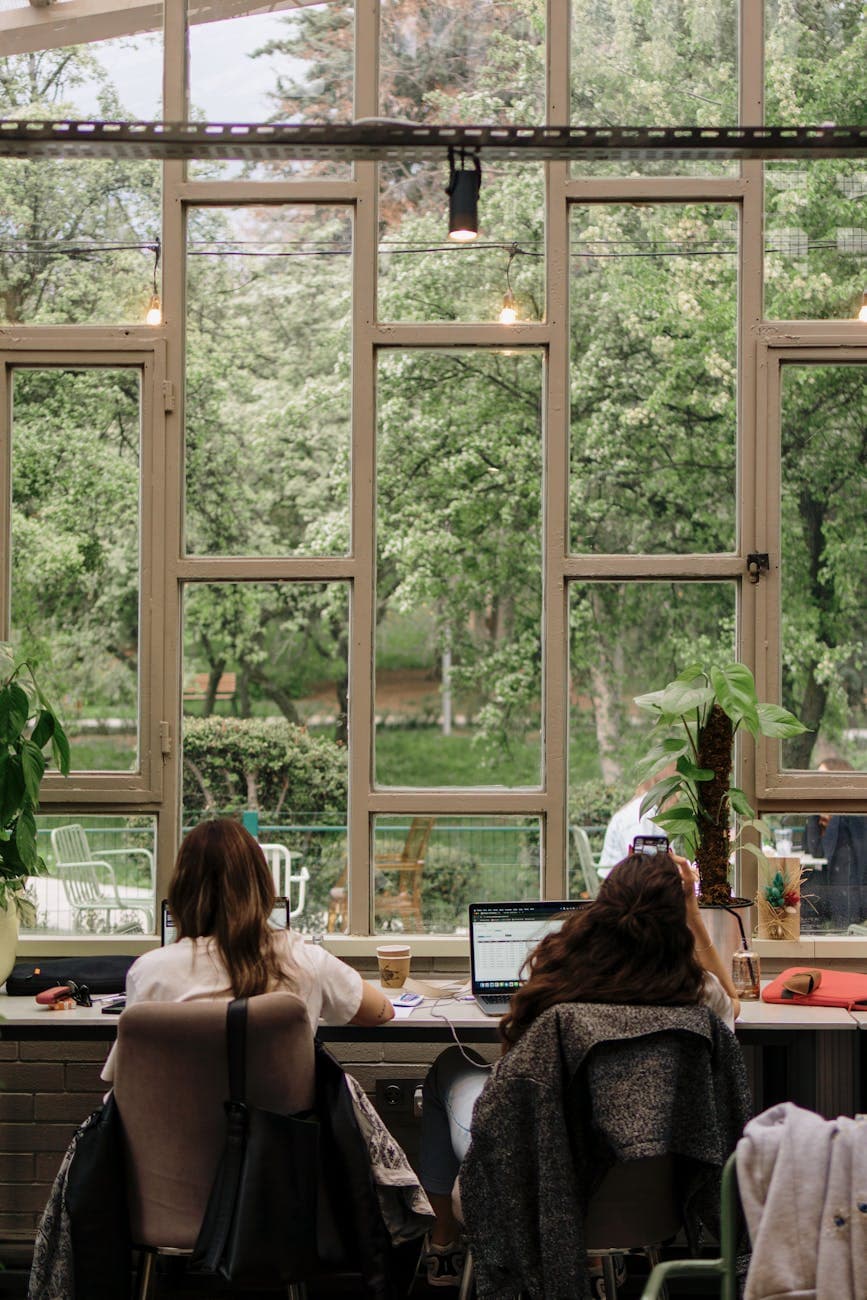 A warm, sunlit desk containing plants and coffee next to a bright window with a view of green foliage.